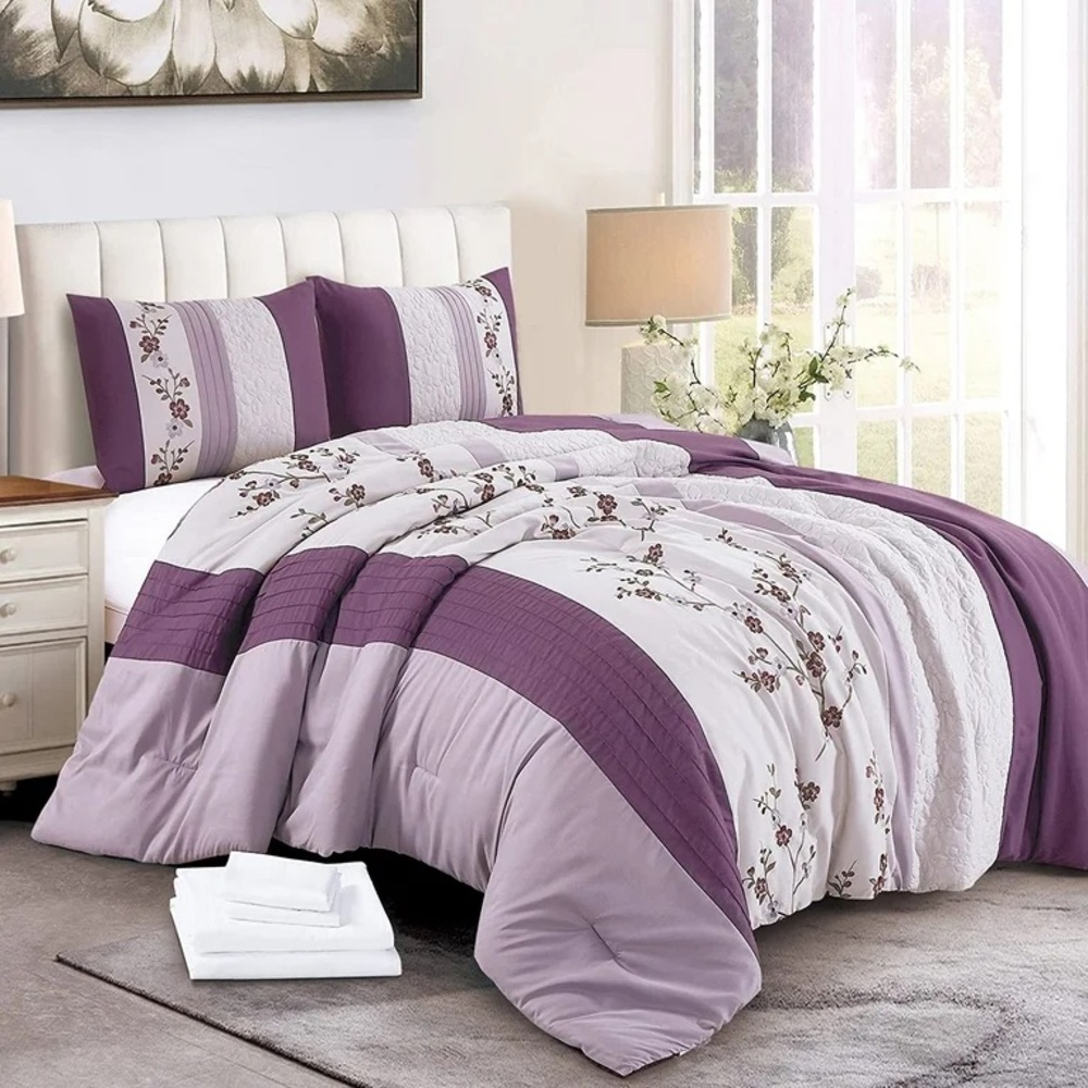 Elegant Purple and Cream Floral king 3 piece Comforter Set
